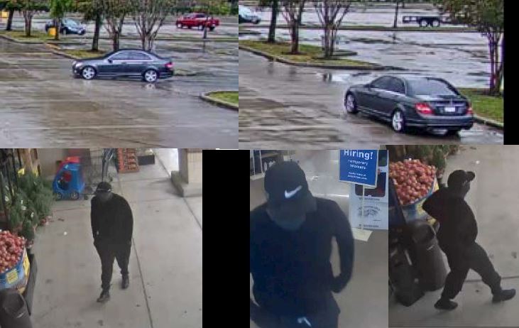 Collage of suspect's dark colored Mercedes in the parking lot paired with photos of suspect wearing dark clothing from head to toe and mask with a Nike ballcap. 